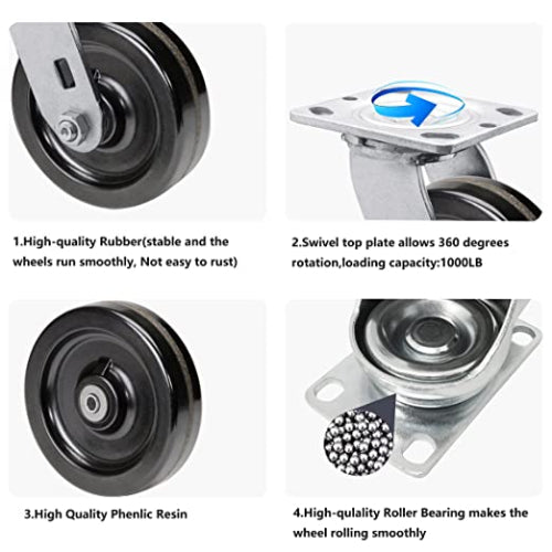 4-Pack Heavy Duty Plate Casters with 5-Inch Phenolic Wheels, 2-Inch Extra Width, and 4000 lbs Total Capacity (Swivel)