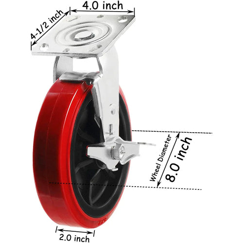 8" 4 Pack Plate Caster, Polyolefin/Polyurethane Wheel, Top Plate Caster Extra Width 2 inches 3800 lbs Total Capacity (8 inches Pack of 4, 2 Swivel w/Brakes + 2 Rigid)