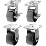 Heavy Duty 4" Plate Casters - Pack of 4 - 2800 lbs Total Capacity - Silver, 2 Swivel with Brakes + 2 Rigid - Steel Cast Iron Wheel with Top Plate Caster