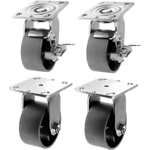 Heavy Duty 4" Plate Casters - Pack of 4 - 2800 lbs Total Capacity - Silver, 2 Swivel with Brakes + 2 Rigid - Steel Cast Iron Wheel with Top Plate Caster