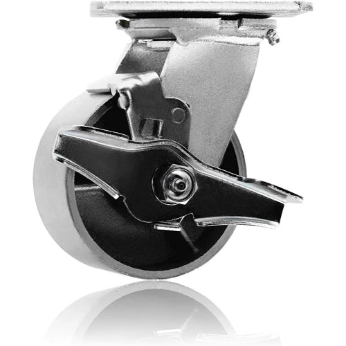 Heavy Duty 4" Plate Casters - Pack of 4 - 2800 lbs Total Capacity - Silver, 2 Swivel with Brakes + 2 Rigid - Steel Cast Iron Wheel with Top Plate Caster