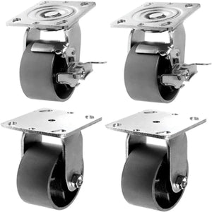 Heavy Duty 4" Plate Casters - Pack of 4 - 2800 lbs Total Capacity - Silver, 2 Swivel with Brakes + 2 Rigid - Steel Cast Iron Wheel with Top Plate Caster