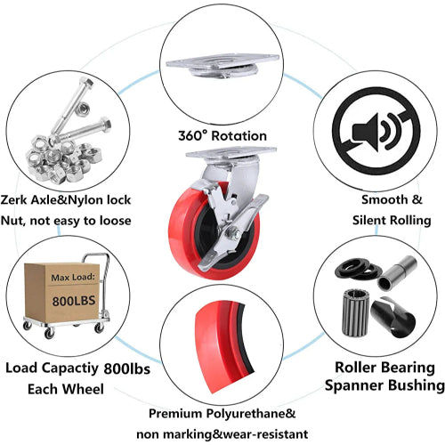 Heavy-Duty 5-Inch Plate Casters - 4-Pack with Polyolefin/Polyurethane Wheels, 3000 lbs Total Capacity - 4 Swivel with 2 Brakes and Extra Wide Top Plate (2 inches)