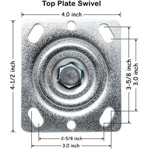 Heavy Duty 4" Plate Casters - Pack of 4, 2800 lbs Capacity, Silver, with 2 Swivel and 2 Rigid Casters