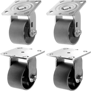 Heavy Duty 4" Plate Casters - Pack of 4, 2800 lbs Capacity, Silver, with 2 Swivel and 2 Rigid Casters