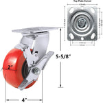 4-Inch Plate Casters with Polyolefin/Polyurethane Wheel, Extra Wide Top Plate, 2800lbs Total Capacity, 4-Pack (4 Swivel with 2 Brakes)