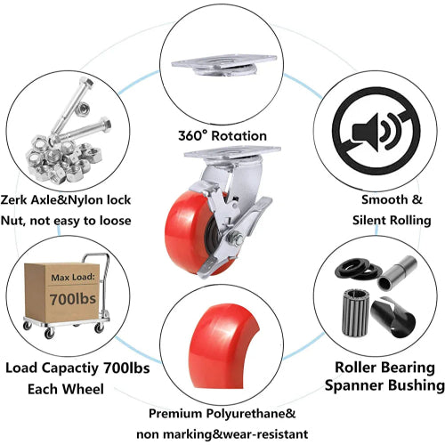 4-Inch Plate Casters with Polyolefin/Polyurethane Wheel, Extra Wide Top Plate, 2800lbs Total Capacity, 4-Pack (4 Swivel with 2 Brakes)