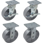 6" 4 Pack Plate Casters - Heavy Duty Steel Cast Iron Wheels with 2" Extra Width - 4800 lbs Total Capacity - Silver (4 Swivel w/ Brake and 2 Fixed)