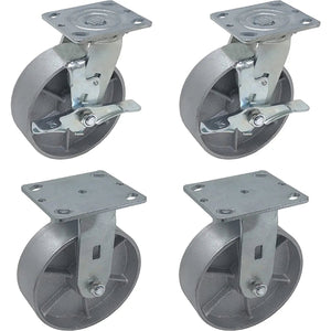 6" 4 Pack Plate Casters - Heavy Duty Steel Cast Iron Wheels with 2" Extra Width - 4800 lbs Total Capacity - Silver (4 Swivel w/ Brake and 2 Fixed)