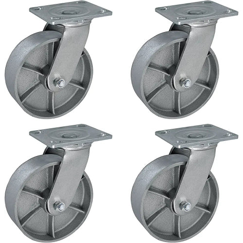 6" 4 Pack Plate Casters - Heavy Duty Steel Cast Iron Wheels with 2" Extra Width - 4800 lbs Total Capacity - Silver (4 Swivel w/ Brake and 2 Fixed)