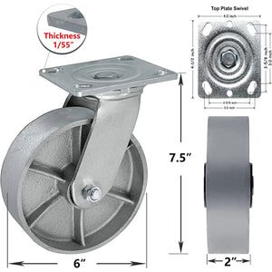 6" 4 Pack Plate Casters - Heavy Duty Steel Cast Iron Wheels with 2" Extra Width - 4800 lbs Total Capacity - Silver (4 Swivel w/ Brake and 2 Fixed)