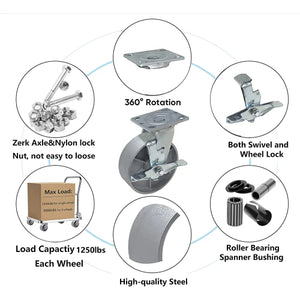 6" 4 Pack Plate Casters - Heavy Duty Steel Cast Iron Wheels with 2" Extra Width - 4800 lbs Total Capacity - Silver (4 Swivel w/ Brake and 2 Fixed)