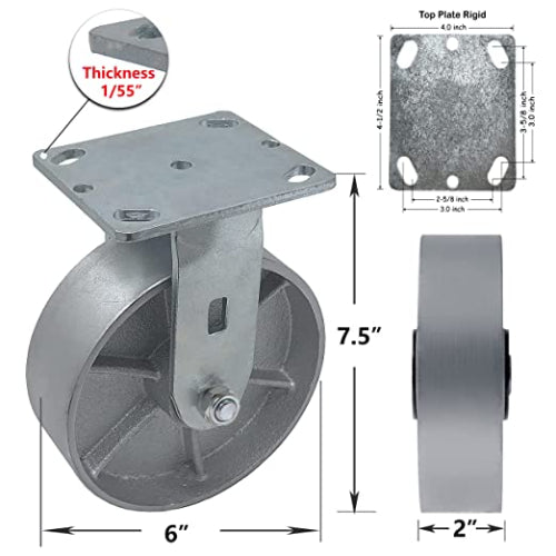 Heavy Duty Plate Casters, 6 Inch 4-Pack with 4800 lbs Total Capacity, Steel Cast Iron Wheels, Extra Wide Top Plate (2" width), Silver Finish, 2 Swivel + 2 Rigid Casters