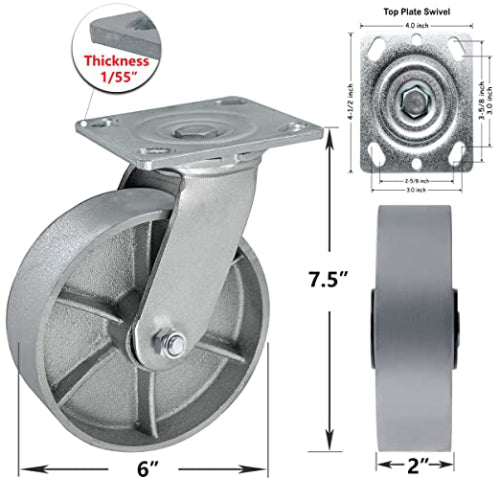 Heavy Duty Plate Casters, 6 Inch 4-Pack with 4800 lbs Total Capacity, Steel Cast Iron Wheels, Extra Wide Top Plate (2" width), Silver Finish, 2 Swivel + 2 Rigid Casters