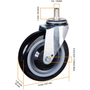 5" 4 Pack Polyurethane Shopping Cart Caster Replacement Kit - 1400 lbs Capacity (Full Tread Face, Black/Gray, Pack of 4)