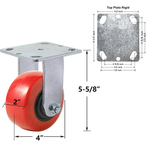 Heavy Duty 4" Plate Casters with Polyolefin/Polyurethane Wheel, 2800 lbs Total Capacity, Red/Black (4 Pack, 2 Swivel + 2 Rigid)