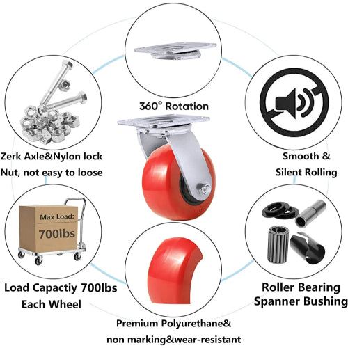 Heavy Duty 4" Plate Casters with Polyolefin/Polyurethane Wheel, 2800 lbs Total Capacity, Red/Black (4 Pack, 2 Swivel + 2 Rigid)