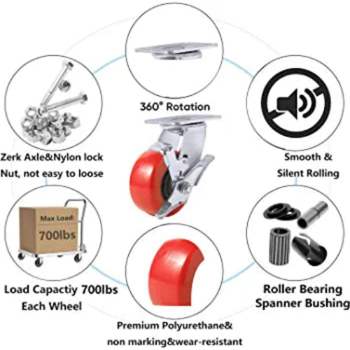 Heavy Duty 4-inch Plate Casters with 2800 lbs Capacity, Set of 4 (2 Swivel with Brakes + 2 Rigid), Polyolefin/Polyurethane Wheel and Top Plate Caster Extra Width 2 inches