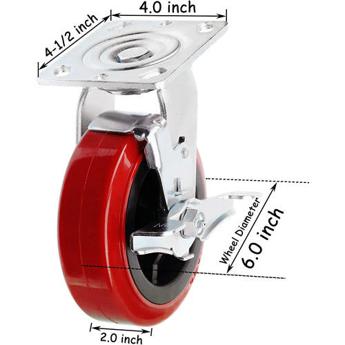 High-Capacity Plate Casters - 6 Inch Polyolefin/Polyurethane Wheels - 4 Pack (2 Swivel w/Brakes + 2 Rigid) - 3600 lb Total Capacity - Extra Width Top Plate