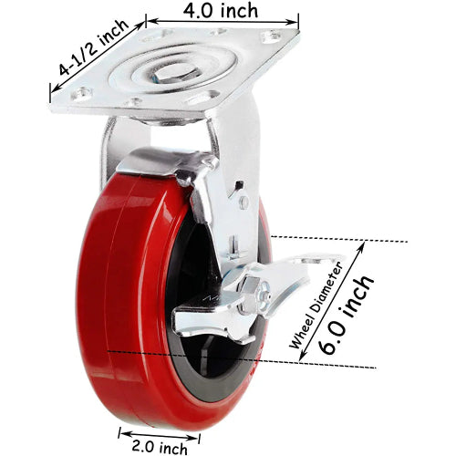 6" Heavy Duty Plate Casters with 3600 lbs Total Capacity, Polyolefin/Polyurethane Wheel, Top Plate Caster - Pack of 4 (2 with Brake)