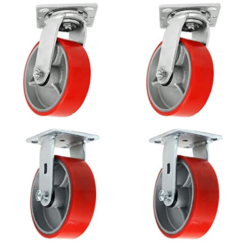 Heavy Duty 4" Plate Casters with Polyurethane Wheels: Pack of 4, 2800 lbs Total Capacity, Green (2 Swivel + 2 Rigid), Extra 2-inch Width Top Plate Caster