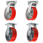 Heavy Duty 4" Plate Casters with Polyurethane Wheels: Pack of 4, 2800 lbs Total Capacity, Green (2 Swivel + 2 Rigid), Extra 2-inch Width Top Plate Caster