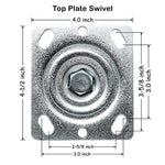 4 Pack 6-inch Plate Casters with Heavy Duty Polyurethane Wheels, 4800 lbs Total Capacity, Top Plate Caster with 2-inch Extra Width, 4 Swivel (2 with Brake)