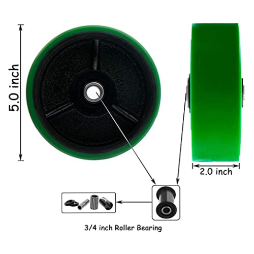 Heavy Duty Plate Casters with Polyurethane Molded Steel Wheels - 5 Inch Pack of 4, Green (2 Swivel + 2 Rigid) - Total Capacity 4000 lbs, Extra Width Top Plate Caster