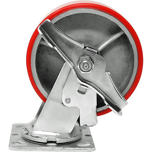 Red Heavy Duty 8" Plate Caster Set of 4 with 5000 lbs Total Capacity, Polyurethane Mold on Steel Wheel, 2 Swivel with Brakes + 2 Rigid