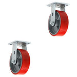 Heavy Duty 5" Plate Caster with 2" Extra Width, 2000 lbs Total Capacity - Pack of 2 Red Rigid Casters with Polyurethane Mold on Steel Wheels