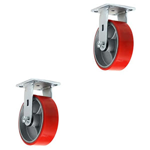 Heavy Duty 5" Plate Caster with 2" Extra Width, 2000 lbs Total Capacity - Pack of 2 Red Rigid Casters with Polyurethane Mold on Steel Wheels