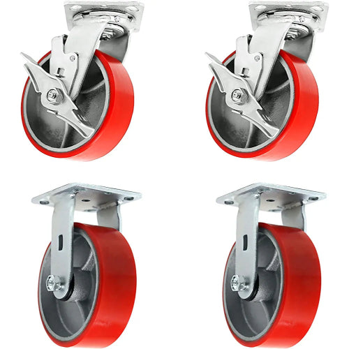 5" Heavy-Duty Polyurethane Caster Set (4 Pack) with Top Plate and 4000 lbs Total Capacity - Red Swivel 2 w/Brake