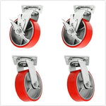 5" Heavy-Duty Polyurethane Caster Set (4 Pack) with Top Plate and 4000 lbs Total Capacity - Red Swivel 2 w/Brake