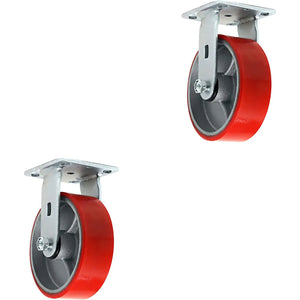 5" Heavy-Duty Polyurethane Caster Set (4 Pack) with Top Plate and 4000 lbs Total Capacity - Red Swivel 2 w/Brake