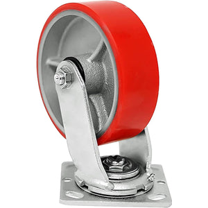 5" Heavy-Duty Polyurethane Caster Set (4 Pack) with Top Plate and 4000 lbs Total Capacity - Red Swivel 2 w/Brake