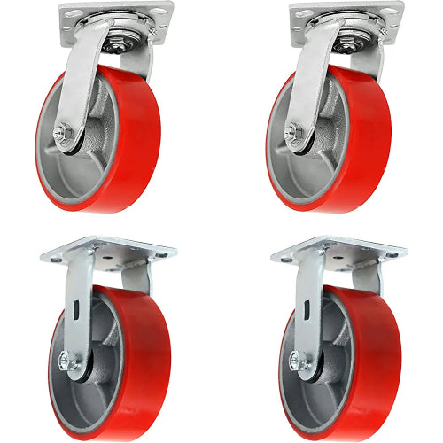 5" Heavy-Duty Polyurethane Caster Set (4 Pack) with Top Plate and 4000 lbs Total Capacity - Red Swivel 2 w/Brake