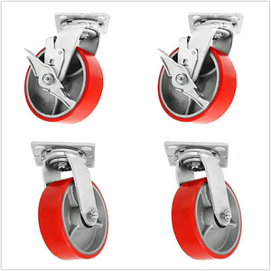 5" Heavy-Duty Polyurethane Caster Set (4 Pack) with Top Plate and 4000 lbs Total Capacity - Red Swivel 2 w/Brake