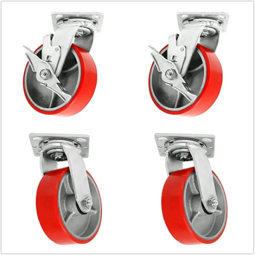 5" Heavy-Duty Polyurethane Caster Set (4 Pack) with Top Plate and 4000 lbs Total Capacity - Red Swivel 2 w/Brake