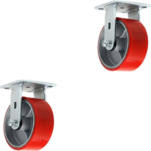 Heavy Duty 8" Plate Casters - 2 Pack with 2500 lbs Total Capacity, Polyurethane Wheels on Steel Mold, Extra Width Top Plate Caster for Easy Mobility (Red Rigid)