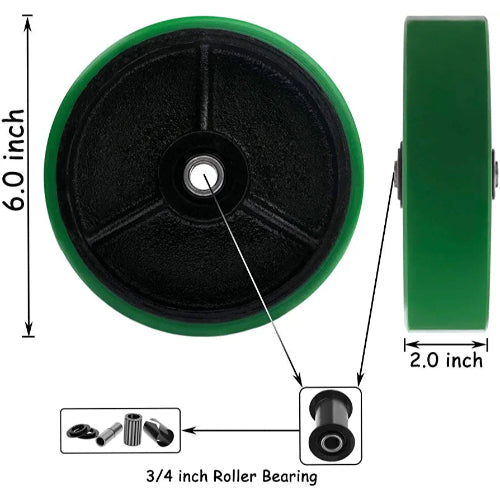 Heavy Duty 6" Polyurethane Steel Plate Casters - 2 Pack Green Swivel with Brake - 2400 lbs Total Capacity