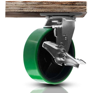 Heavy Duty 6" Polyurethane Steel Plate Casters - 2 Pack Green Swivel with Brake - 2400 lbs Total Capacity