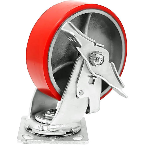 8" Heavy Duty Polyurethane Plate Casters (4-Pack, 5000 lbs Capacity, Red, 4 Swivel 2 w/Brake)