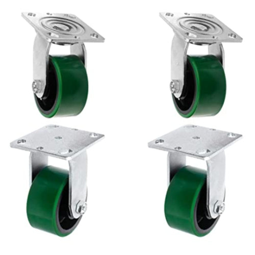 Heavy Duty 4" Plate Casters, 4-Pack (2 Swivel + 2 Rigid), 2800 lbs Capacity, Green - Easy Mounting and Smooth Rolling for Heavy Loads.