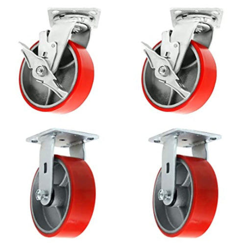 Red Polyurethane Molded Steel Wheel Plate Casters - 5 Inches, Pack of 4 (2 Swivel with Brakes and 2 Rigid) - 4000 lbs Total Capacity - Extra Width 2 Inches