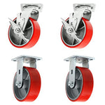 Red Polyurethane Molded Steel Wheel Plate Casters - 5 Inches, Pack of 4 (2 Swivel with Brakes and 2 Rigid) - 4000 lbs Total Capacity - Extra Width 2 Inches