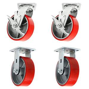 Red Polyurethane Molded Steel Wheel Plate Casters - 5 Inches, Pack of 4 (2 Swivel with Brakes and 2 Rigid) - 4000 lbs Total Capacity - Extra Width 2 Inches