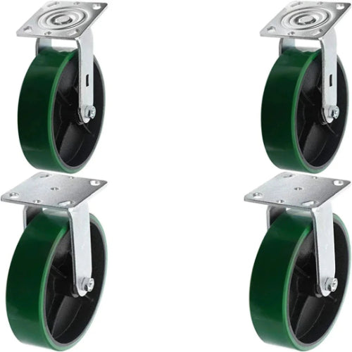 Heavy Duty 8" Plate Casters - 4 Pack Set with 5000lbs Capacity, Green Polyurethane Wheels, 2 Swivel + 2 Rigid Top Plate Casters