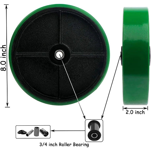 Heavy Duty 8" Plate Casters - 4 Pack - 5000 lbs Total Capacity - Polyurethane Mold on Steel Wheel - 2" Extra Width - 4 Swivel (2 with Brakes) - Green