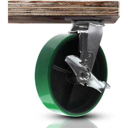 Heavy Duty 8" Plate Casters - 4 Pack - 5000 lbs Total Capacity - Polyurethane Mold on Steel Wheel - 2" Extra Width - 4 Swivel (2 with Brakes) - Green