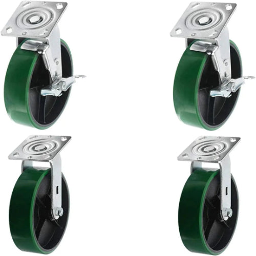 Heavy Duty 8" Plate Casters - 4 Pack - 5000 lbs Total Capacity - Polyurethane Mold on Steel Wheel - 2" Extra Width - 4 Swivel (2 with Brakes) - Green